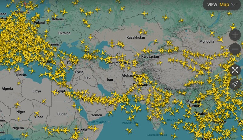 Mappa del traffico aereo con voli cancellati in Medio Oriente (Fonte: Flightradar)